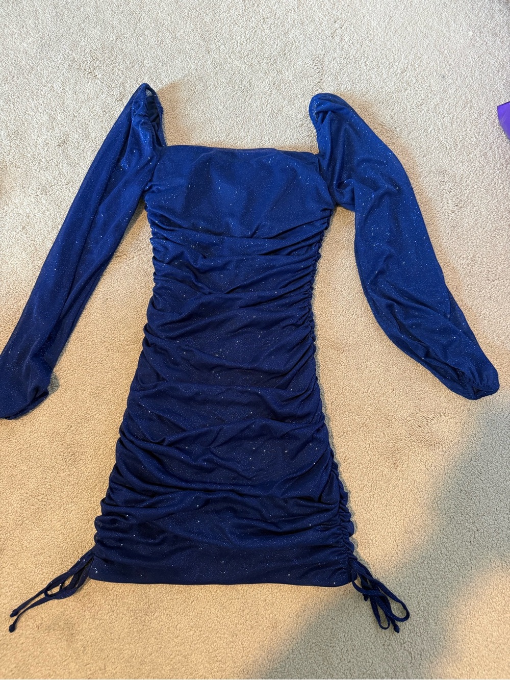 Blue Ruched Long-Sleeve Mini Dress